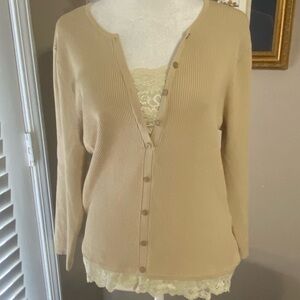 August Silk Knits XL Beige Tan Ribbed Sweater Faux Button Front Silk Blend Lace
